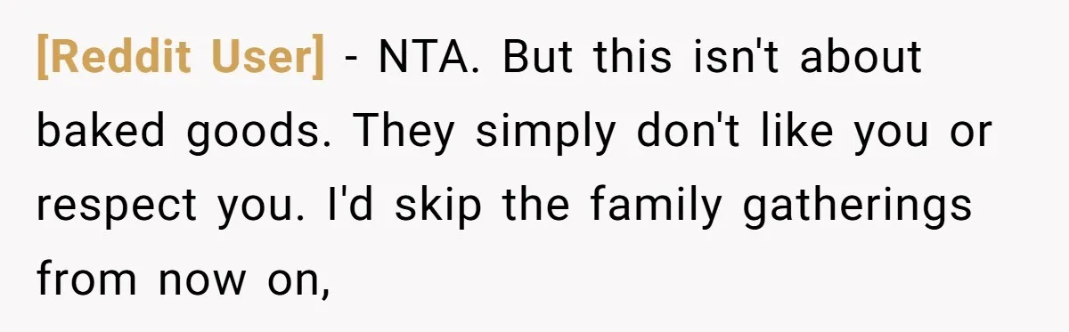 [Reddit User] − NTA. But this isn't about baked goods. They simply don't like you or respect you. I'd skip the family gatherings from now on,
