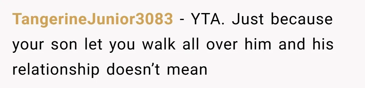TangerineJunior3083 − YTA. Just because your son let you walk all over him and his relationship doesn’t mean