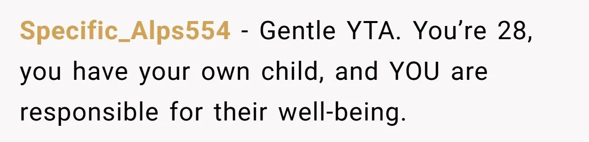 Specific_Alps554 − Gentle YTA. You’re 28, you have your own child, and YOU are responsible for their well-being.