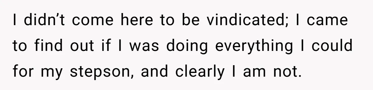 I didn’t come here to be vindicated; I came to find out if I was doing everything I could for my stepson, and clearly I am not.