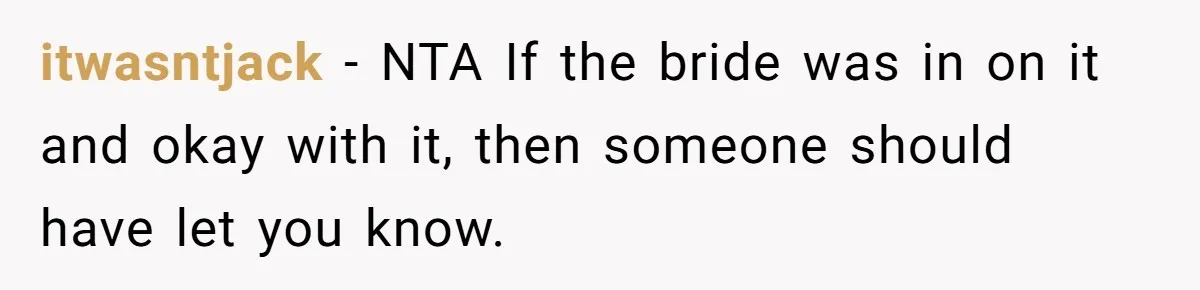 itwasntjack − NTA If the bride was in on it and okay with it, then someone should have let you know.