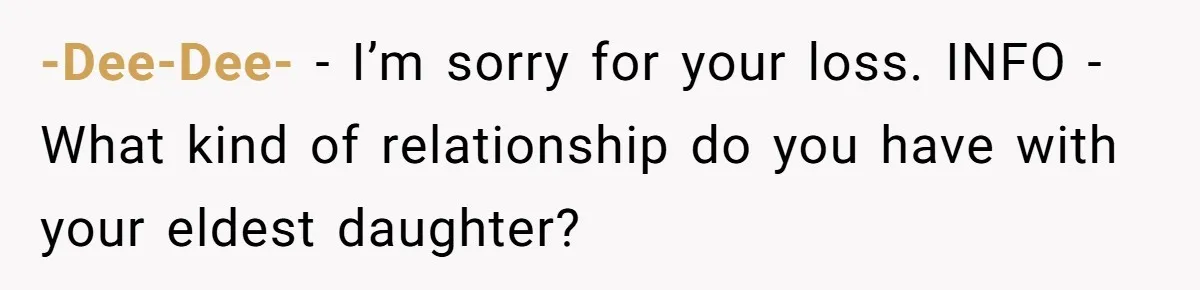 -Dee-Dee- − I’m sorry for your loss. INFO - What kind of relationship do you have with your eldest daughter?