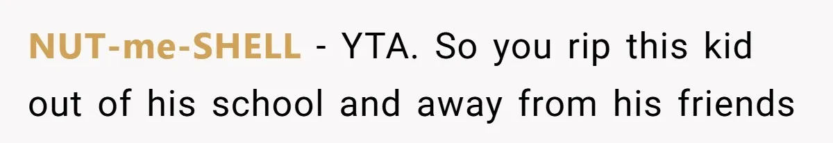 NUT-me-SHELL − YTA. So you rip this kid out of his school and away from his friends