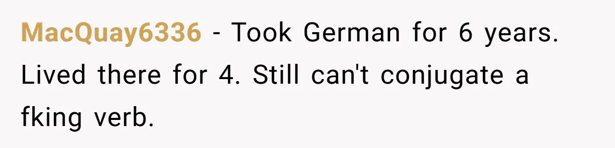 MacQuay6336 − Took German for 6 years. Lived there for 4. Still can't conjugate a fking verb.