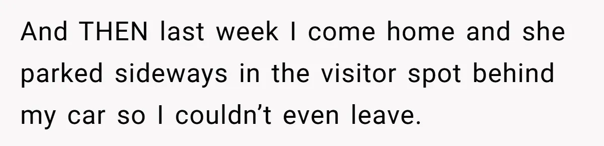 Tenant Calmly Asks Neighbor To Stop Taking Paid Parking Spot, But Things Turn Ugly Fast And THEN last week I come home and she parked sideways in the visitor spot behind my car so I couldn’t even leave.
