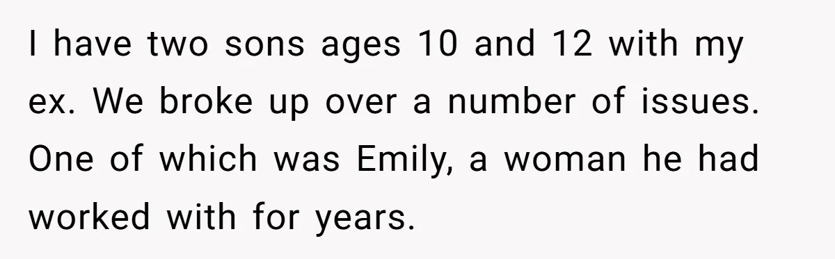 I have two sons ages 10 and 12 with my ex. We broke up over a number of issues. One of which was Emily, a woman he had worked with...