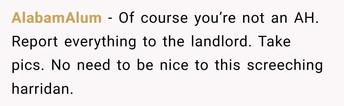 Tenant Calmly Asks Neighbor To Stop Taking Paid Parking Spot, But Things Turn Ugly Fast AlabamAlum − Of course you’re not an AH. Report everything to the landlord. Take pics. No need to be nice to this screeching harridan.