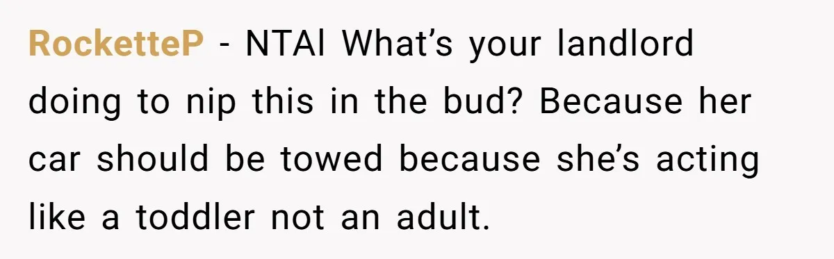 Tenant Calmly Asks Neighbor To Stop Taking Paid Parking Spot, But Things Turn Ugly Fast RocketteP − NTAl What’s your landlord doing to nip this in the bud? Because her car should be towed because she’s acting like a toddler not an adult.