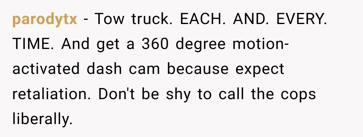 Tenant Calmly Asks Neighbor To Stop Taking Paid Parking Spot, But Things Turn Ugly Fast parodytx − Tow truck. EACH. AND. EVERY. TIME. And get a 360 degree motion-activated dash cam because expect retaliation. Don't be shy to call the cops liberally.