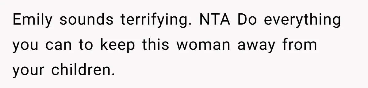 Emily sounds terrifying. NTA Do everything you can to keep this woman away from your children.
