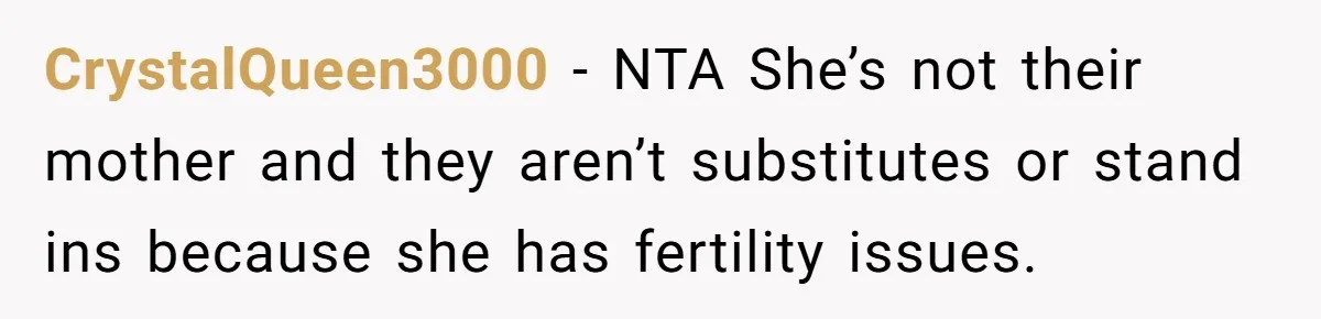 CrystalQueen3000 − NTA She’s not their mother and they aren’t substitutes or stand ins because she has fertility issues.