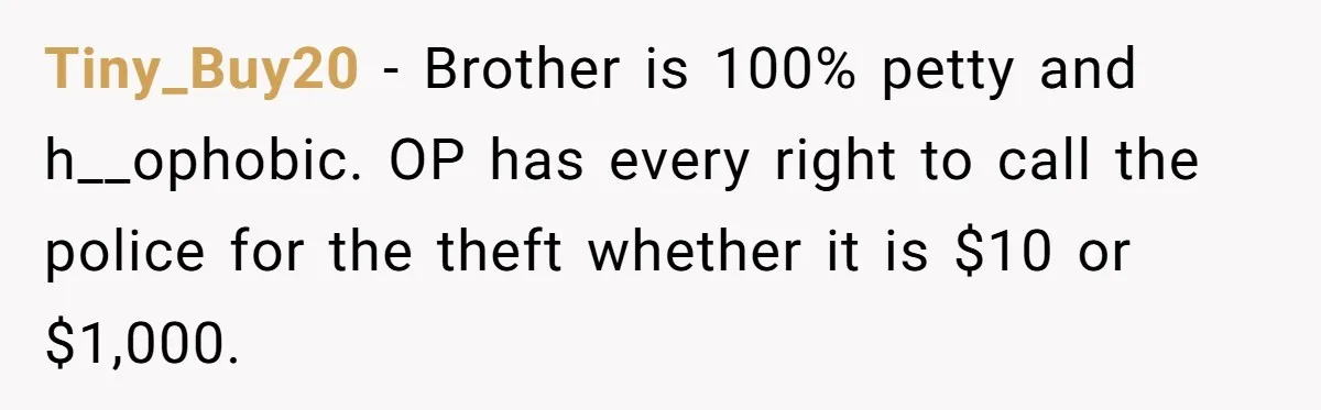 Tiny_Buy20 − Brother is 100% petty and h__ophobic. OP has every right to call the police for the theft whether it is $10 or $1,000.