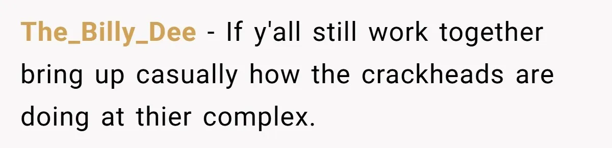 Woman Ruined Her Apartment Hunt By Sabotaging Coworker's Verification Process The_Billy_Dee − If y'all still work together bring up casually how the crackheads are doing at thier complex.