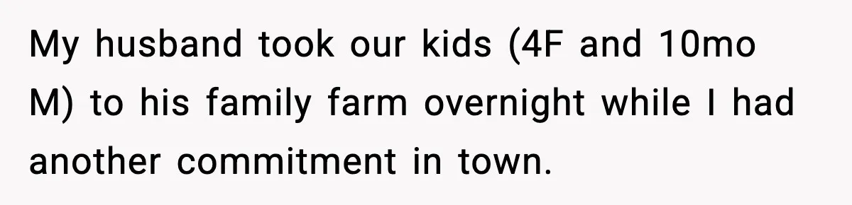 My husband took our kids (4F and 10mo M) to his family farm overnight while I had another commitment in town.