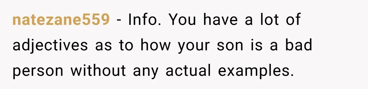 natezane559 − Info. You have a lot of adjectives as to how your son is a bad person without any actual examples.
