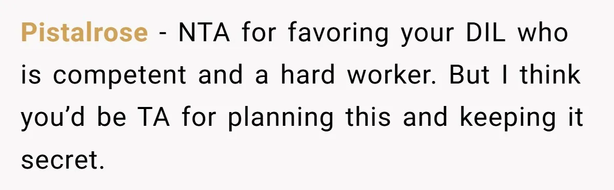 Pistalrose − NTA for favoring your DIL who is competent and a hard worker. But I think you’d be TA for planning this and keeping it secret.