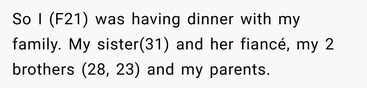 So I (F21) was having dinner with my family. My sister(31) and her fiancé, my 2 brothers (28, 23) and my parents.