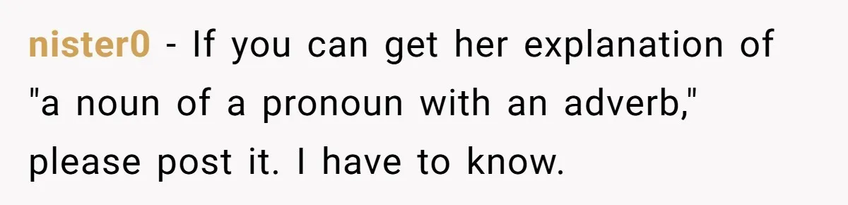 nister0 − If you can get her explanation of "a noun of a pronoun with an adverb," please post it. I have to know.