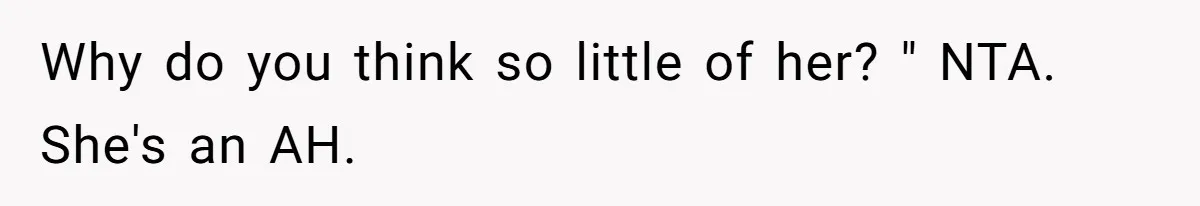 Why do you think so little of her? " NTA. She's an AH.