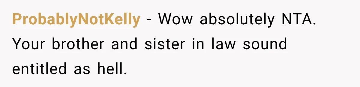Man Refuses To House Brother’s Family, Now Faces Fury Over ‘Choosing Comfort Over Blood’ ProbablyNotKelly − Wow absolutely NTA. Your brother and sister in law sound entitled as hell.