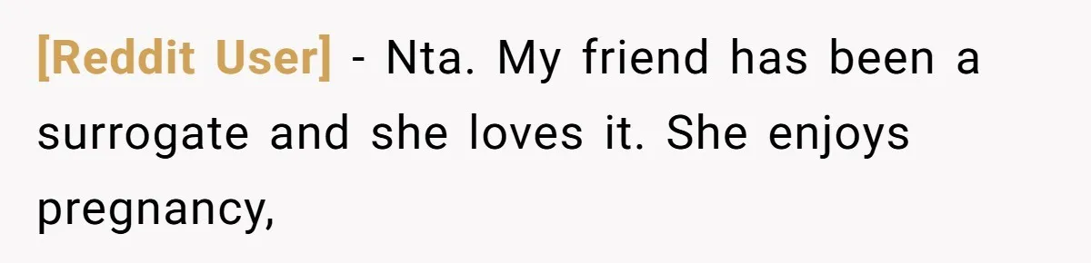 [Reddit User] − Nta. My friend has been a surrogate and she loves it. She enjoys pregnancy,