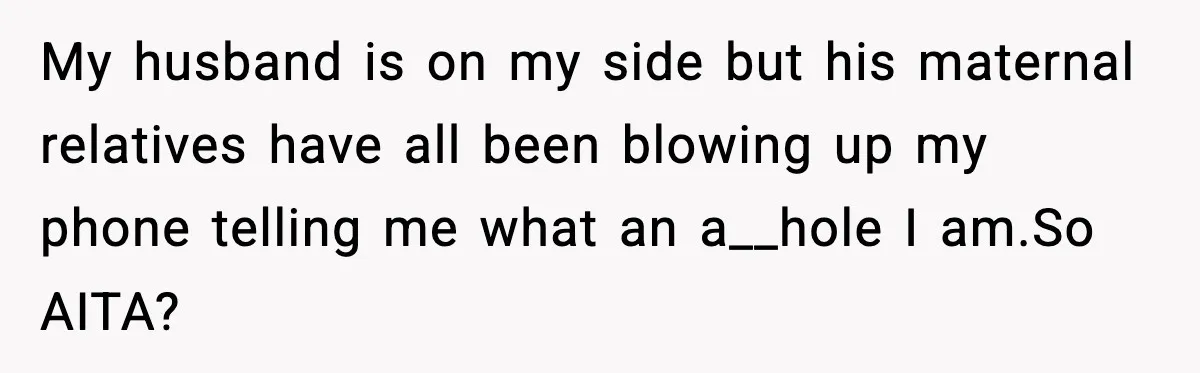 My husband is on my side but his maternal relatives have all been blowing up my phone telling me what an a__hole I am.So AITA?