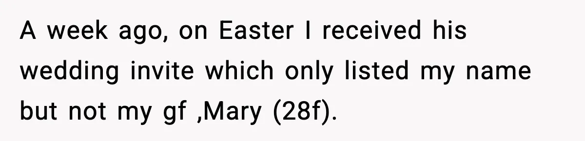 A week ago, on Easter I received his wedding invite which only listed my name but not my gf ,Mary (28f).