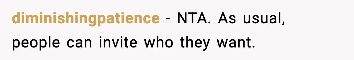 diminishingpatience − NTA. As usual, people can invite who they want.