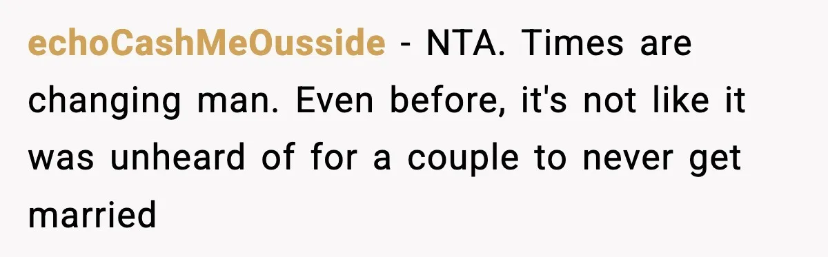 echoCashMeOusside − NTA. Times are changing man. Even before, it's not like it was unheard of for a couple to never get married