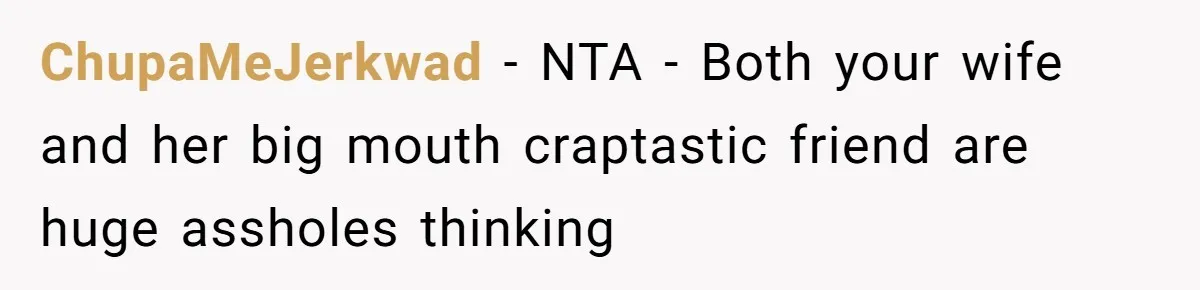 ChupaMeJerkwad − NTA - Both your wife and her big mouth craptastic friend are huge assholes thinking