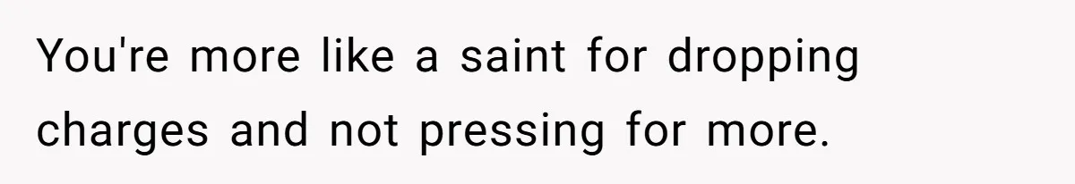 You're more like a saint for dropping charges and not pressing for more.
