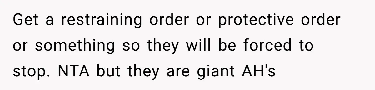 Get a restraining order or protective order or something so they will be forced to stop. NTA but they are giant AH's