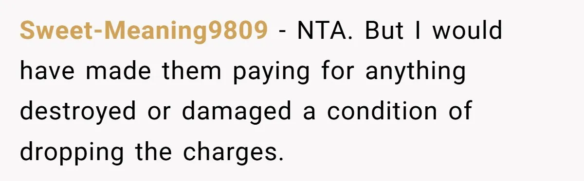 Sweet-Meaning9809 − NTA. But I would have made them paying for anything destroyed or damaged a condition of dropping the charges.