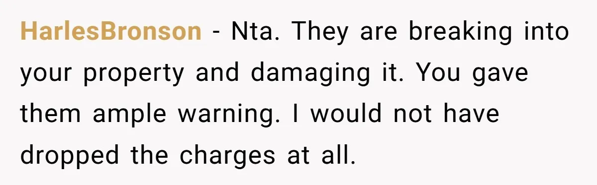 HarlesBronson − Nta. They are breaking into your property and damaging it. You gave them ample warning. I would not have dropped the charges at all.