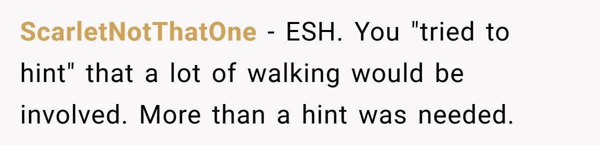 ScarletNotThatOne − ESH. You "tried to hint" that a lot of walking would be involved. More than a hint was needed.
