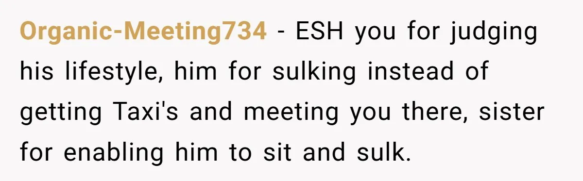 Organic-Meeting734 − ESH you for judging his lifestyle, him for sulking instead of getting Taxi's and meeting you there, sister for enabling him to sit and sulk.