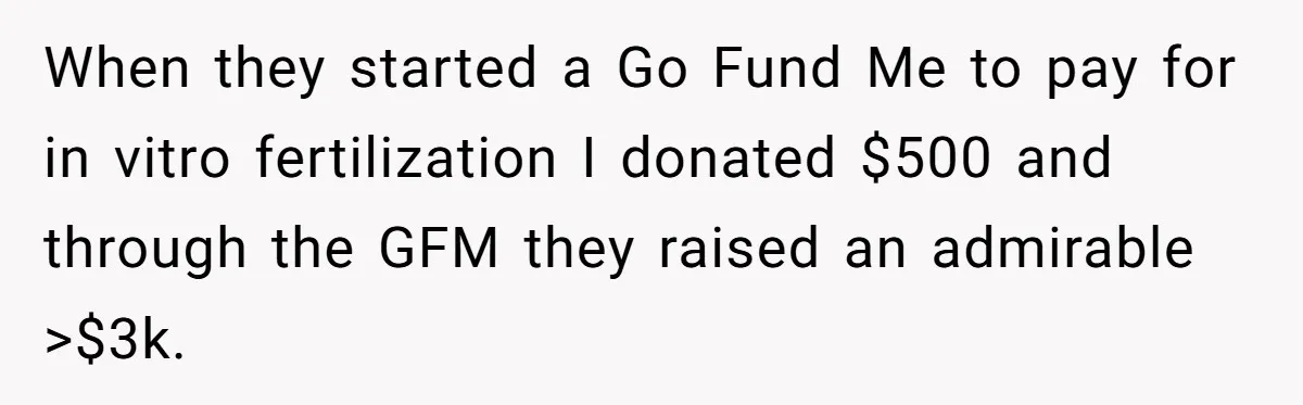 Generous Family Member Donates Big To Relatives Fertility Dream, Then Plans Shift Unexpectedly When they started a Go Fund Me to pay for in vitro fertilization I donated $500 and through the GFM they raised an admirable >$3k.