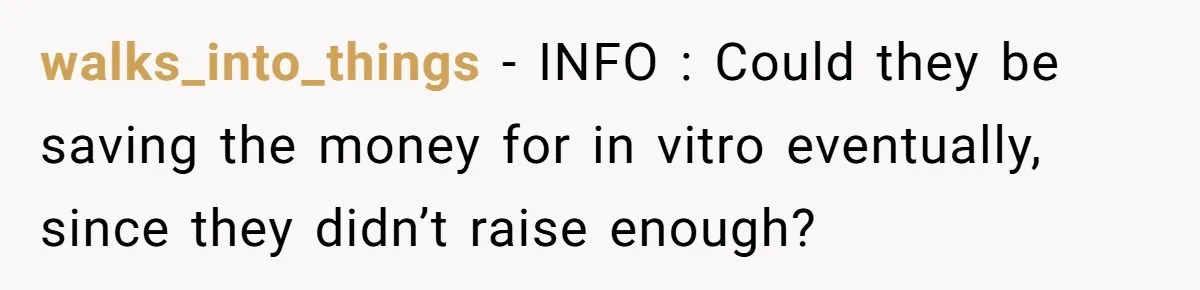 Generous Family Member Donates Big To Relatives Fertility Dream, Then Plans Shift Unexpectedly walks_into_things − INFO : Could they be saving the money for in vitro eventually, since they didn’t raise enough?