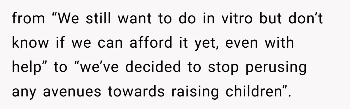 Generous Family Member Donates Big To Relatives Fertility Dream, Then Plans Shift Unexpectedly from “We still want to do in vitro but don’t know if we can afford it yet, even with help” to “we’ve decided to stop perusing any avenues towards raising...