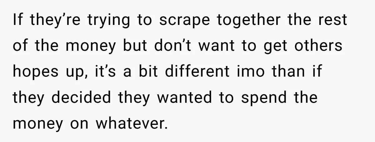 Generous Family Member Donates Big To Relatives Fertility Dream, Then Plans Shift Unexpectedly If they’re trying to scrape together the rest of the money but don’t want to get others hopes up, it’s a bit different imo than if they decided they wanted...