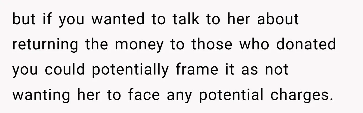 Generous Family Member Donates Big To Relatives Fertility Dream, Then Plans Shift Unexpectedly but if you wanted to talk to her about returning the money to those who donated you could potentially frame it as not wanting her to face any potential charges.