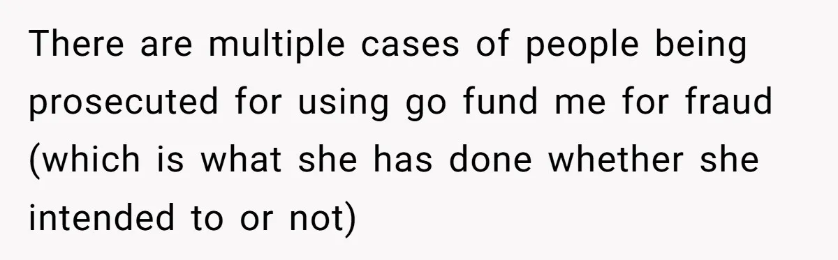 Generous Family Member Donates Big To Relatives Fertility Dream, Then Plans Shift Unexpectedly There are multiple cases of people being prosecuted for using go fund me for fraud (which is what she has done whether she intended to or not)