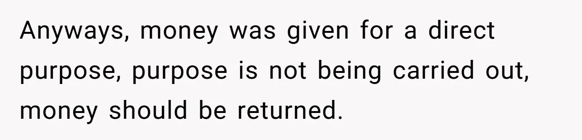 Generous Family Member Donates Big To Relatives Fertility Dream, Then Plans Shift Unexpectedly Anyways, money was given for a direct purpose, purpose is not being carried out, money should be returned.