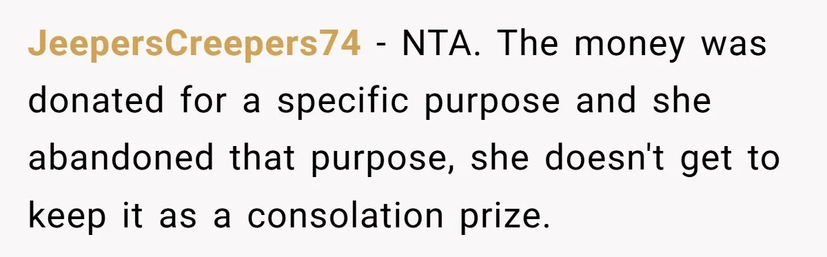Generous Family Member Donates Big To Relatives Fertility Dream, Then Plans Shift Unexpectedly JeepersCreepers74 − NTA. The money was donated for a specific purpose and she abandoned that purpose, she doesn't get to keep it as a consolation prize.