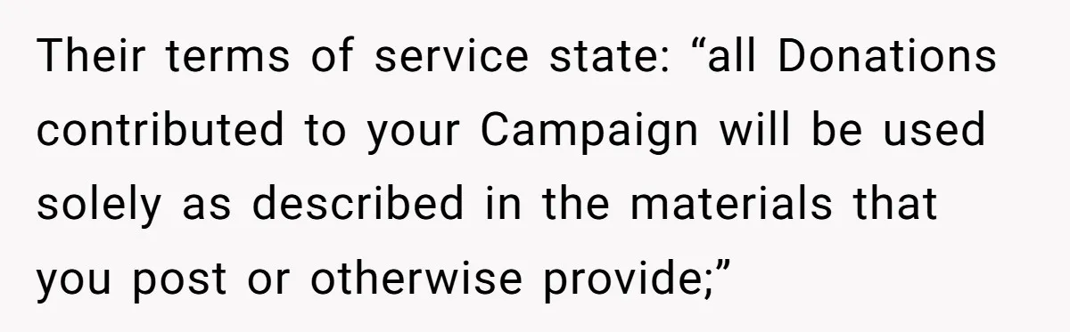 Generous Family Member Donates Big To Relatives Fertility Dream, Then Plans Shift Unexpectedly Their terms of service state: “all Donations contributed to your Campaign will be used solely as described in the materials that you post or otherwise provide;”