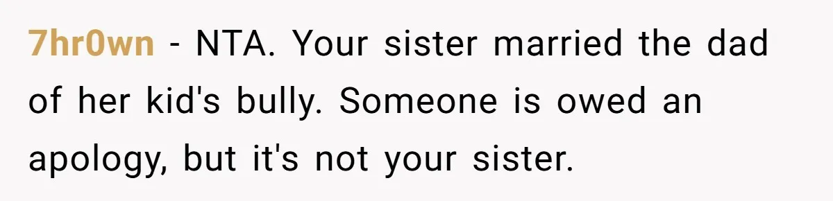 Uncle Calls Out Sister For Expecting Daughter To Embrace Former Bully As True Sister 7hr0wn − NTA. Your sister married the dad of her kid's bully. Someone is owed an apology, but it's not your sister.