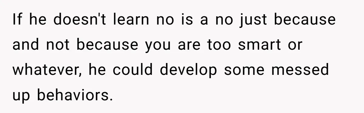 If he doesn't learn no is a no just because and not because you are too smart or whatever, he could develop some messed up behaviors.