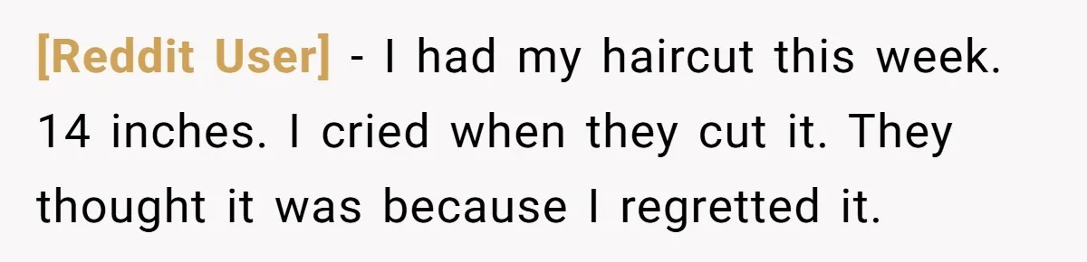 [Reddit User] − I had my haircut this week. 14 inches. I cried when they cut it. They thought it was because I regretted it.