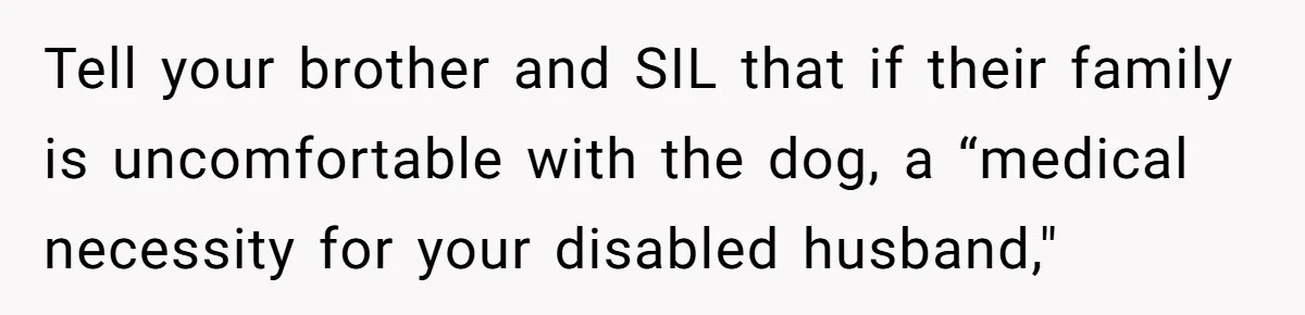 Tell your brother and SIL that if their family is uncomfortable with the dog, a “medical necessity for your disabled husband,"
