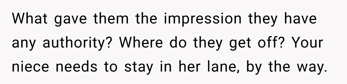 What gave them the impression they have any authority? Where do they get off? Your niece needs to stay in her lane, by the way.